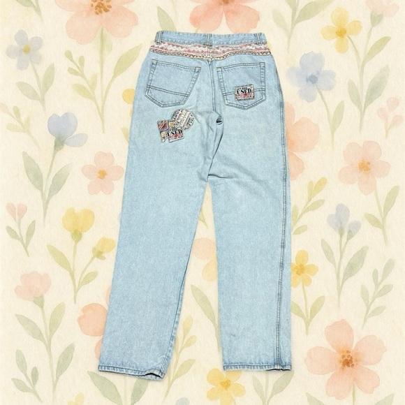 Vintage 90s Used by Elie Jeans Size 28 High Waist Mom Jeans Aztec Patch Denim - Picture 3 of 7